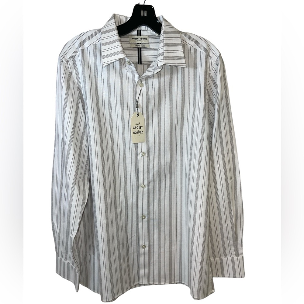 Crosby & Howard Button Down Shirt White & Gray Striped Size Large